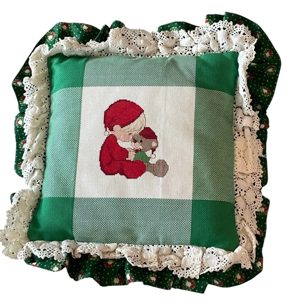 Vintage Hand Crafted Young Child with Bear Needlepoint Pillow
